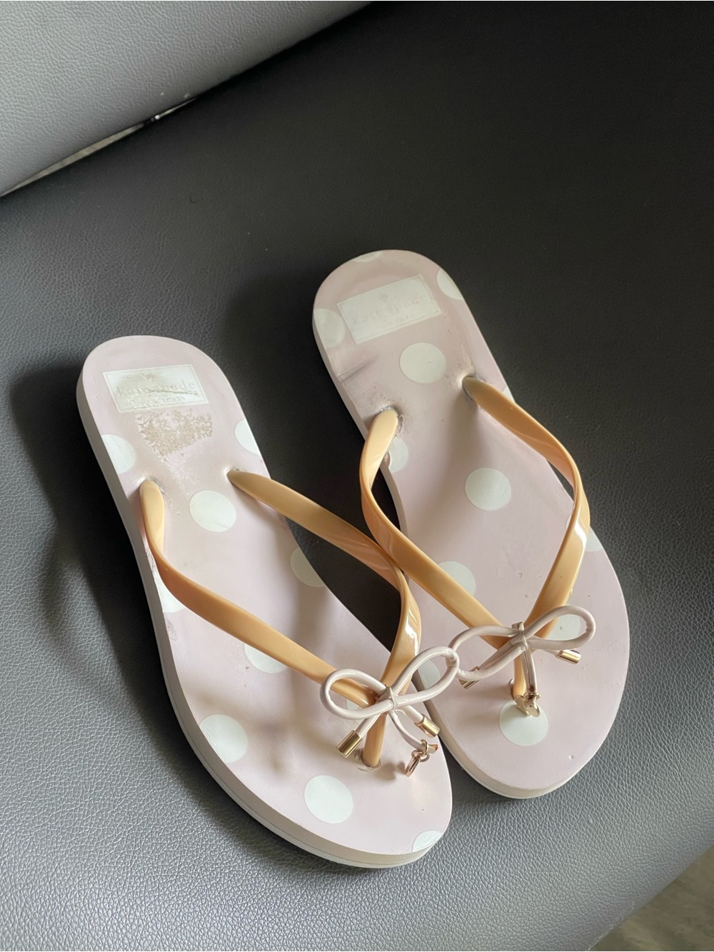 kate spade Pink Polka Dot Bow Flip Flop Sandals with Tan Straps